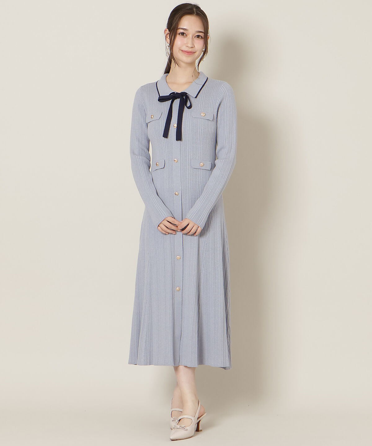 WILLSELECTION「フロントボタンリボンタイニットワンピース」|ワンピース|ブルー