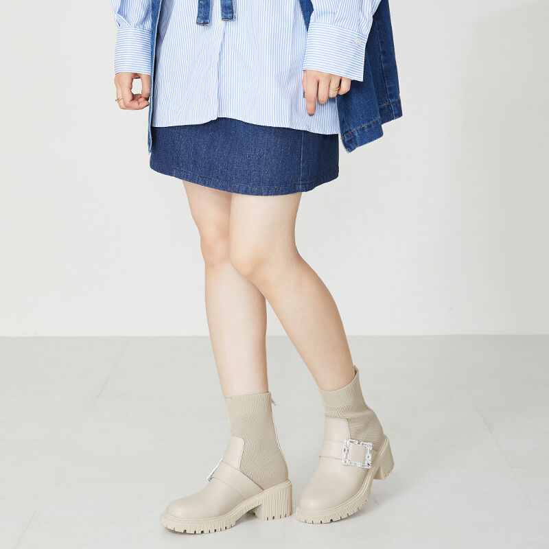 ORiental TRaffic「厚底 ビジュー ニットブーツ /31434 足首柔らかい 歩きやすい」|ショートブーツ|