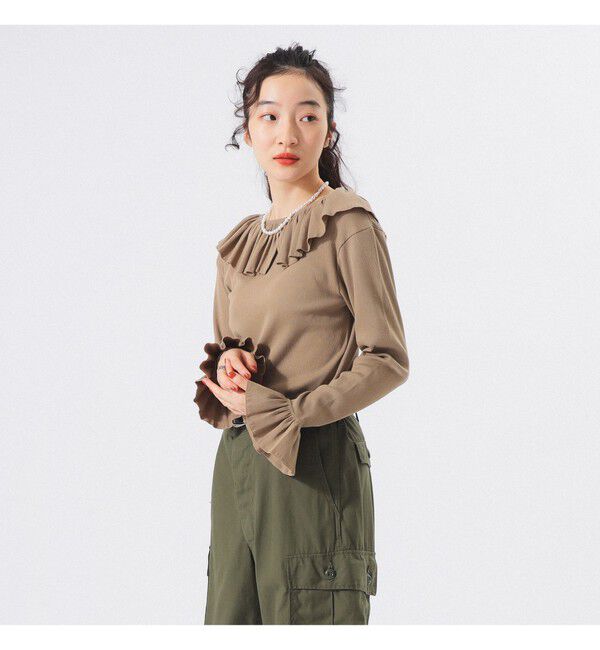 BEAMSBOY「リブ フリル ギャザー ロングスリーブ」|Tシャツ・カットソー|BEIGE