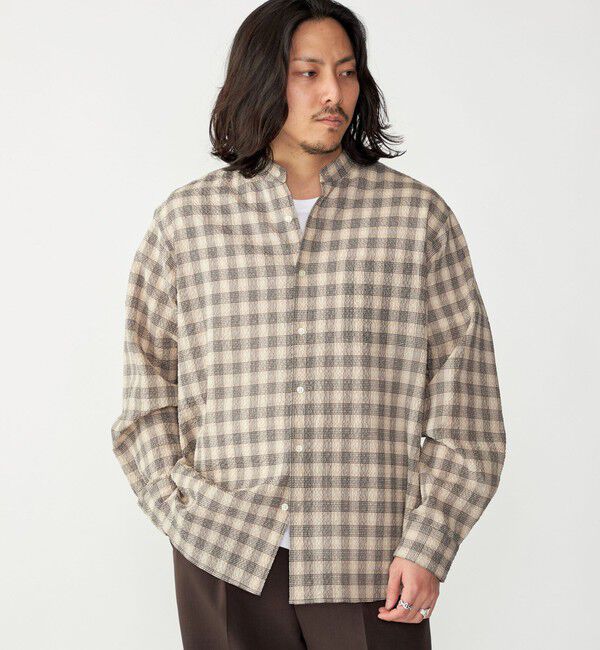 SHIPS「SHIPS: エアー サッカー バンドカラー リラックス 長袖 シャツ〈単色／チェック〉」|シャツ・ブラウス|