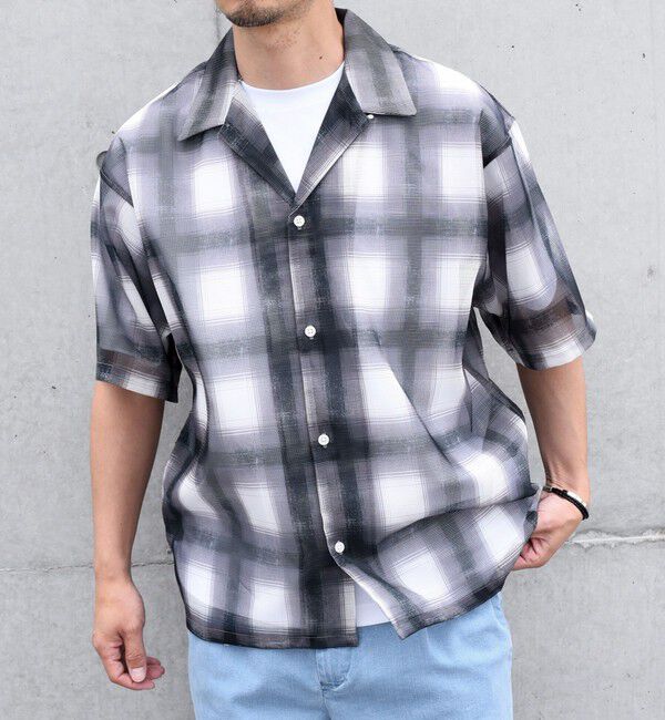 SHIPS any「SHIPS any: メッシュ オンブレチェック / ウェーブ パターン オープンカラー シアー シャツ◇」|シャツ・ブラウス|