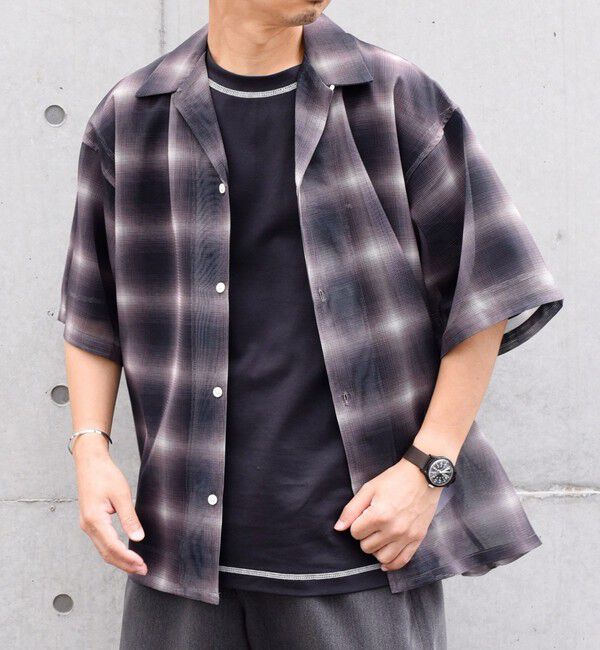 SHIPS any「SHIPS any: メッシュ オンブレチェック / ウェーブ パターン オープンカラー シアー シャツ◇」|シャツ・ブラウス|ブラウン