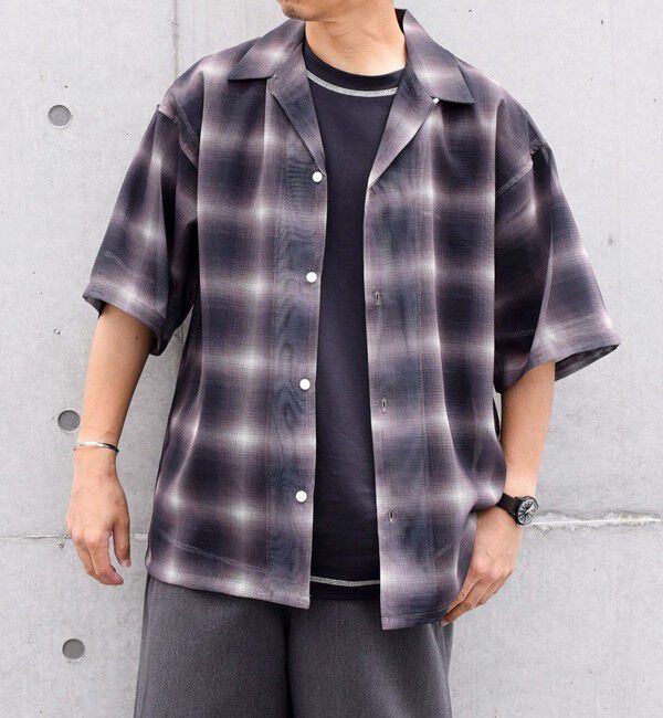 SHIPS any「SHIPS any: メッシュ オンブレチェック / ウェーブ パターン オープンカラー シアー シャツ◇」|シャツ・ブラウス|