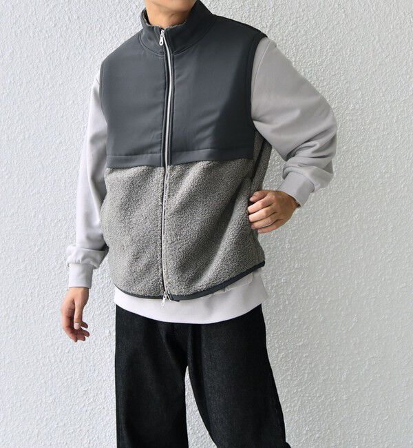 SHIPS any「SHIPS any: 〈洗濯機可能〉 コンビ ボア フリース スタンド ジップ ベスト◇」|ベスト・ジレ|チャコールグレー