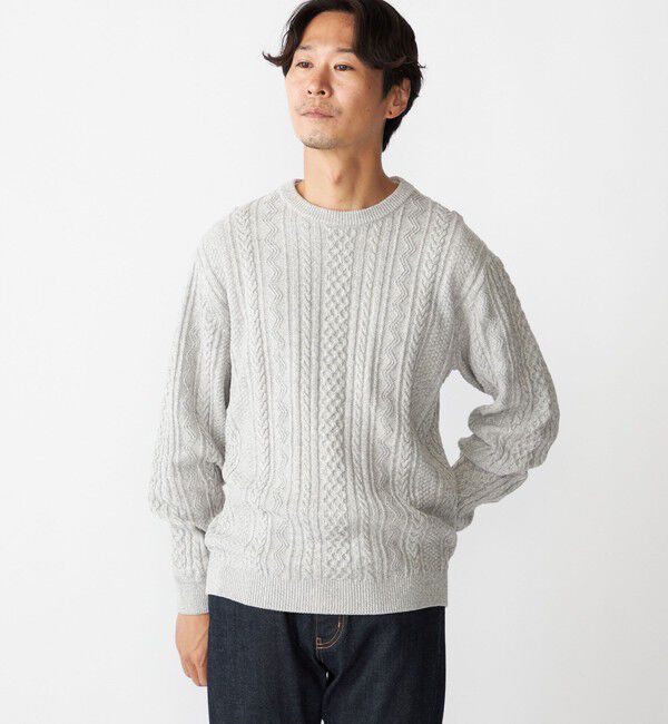 SHIPS「SHIPS:〈手洗い可能〉コットン ウール アラン クルーネック プルオーバー ニット」|ニット・セーター|グレー