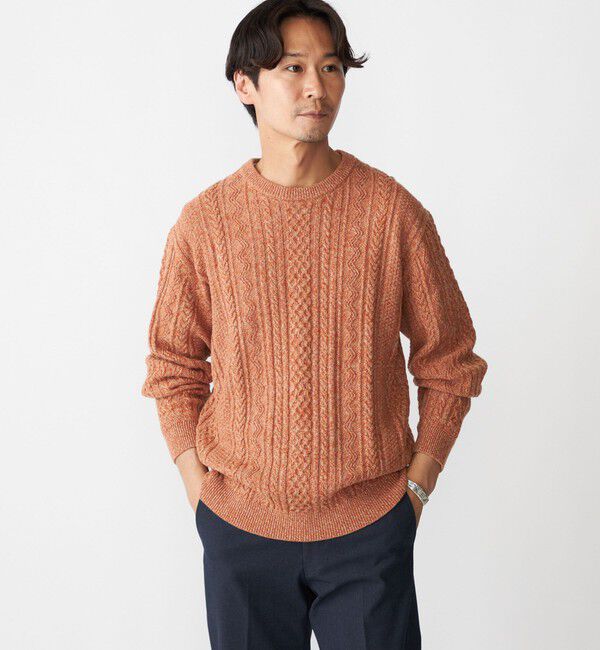 SHIPS「SHIPS:〈手洗い可能〉コットン ウール アラン クルーネック プルオーバー ニット」|ニット・セーター|オレンジ
