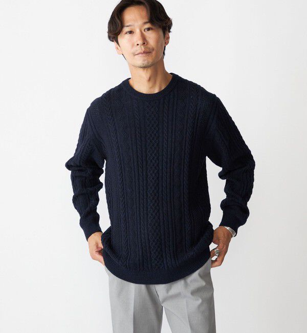 SHIPS「SHIPS:〈手洗い可能〉コットン ウール アラン クルーネック プルオーバー ニット」|ニット・セーター|ネイビー