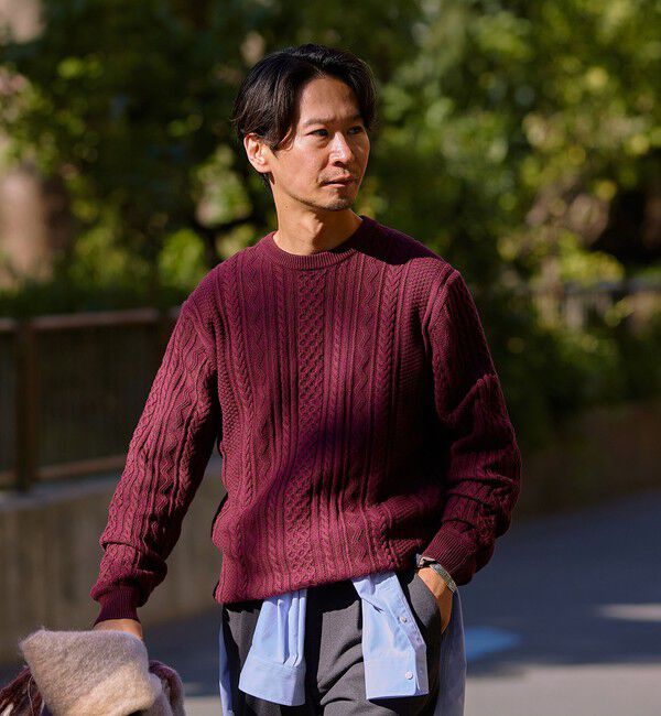 SHIPS「SHIPS:〈手洗い可能〉コットン ウール アラン クルーネック プルオーバー ニット」|ニット・セーター|パープル