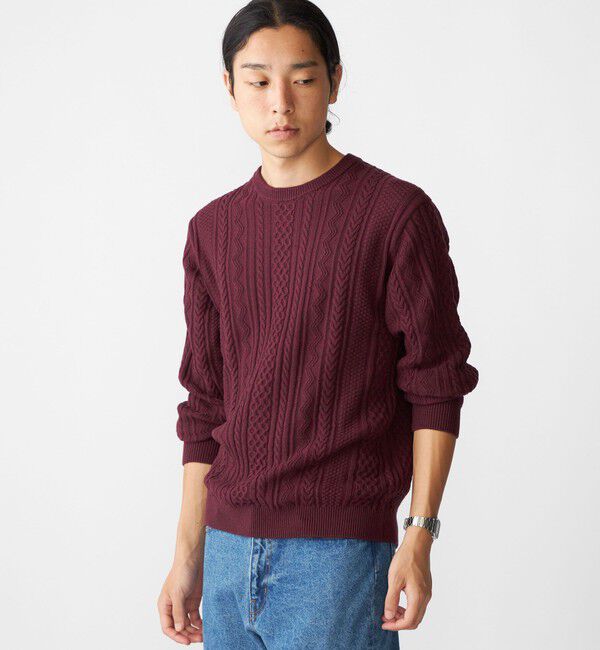 SHIPS「SHIPS:〈手洗い可能〉コットン ウール アラン クルーネック プルオーバー ニット」|ニット・セーター|