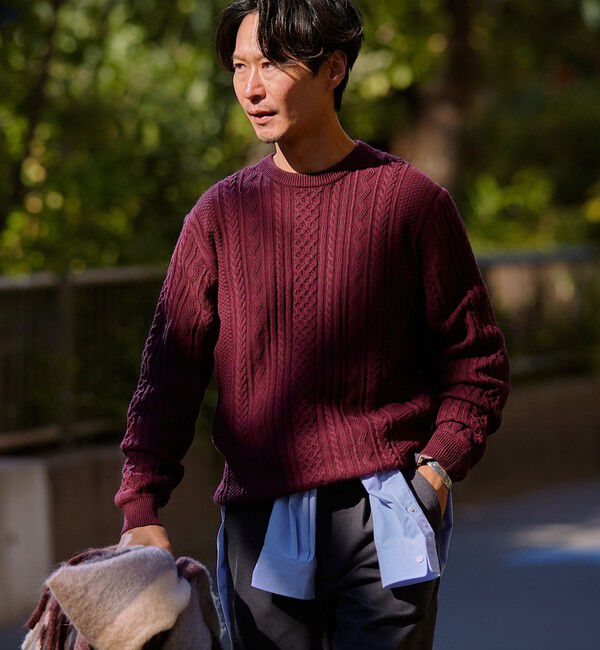 SHIPS「SHIPS:〈手洗い可能〉コットン ウール アラン クルーネック プルオーバー ニット」|ニット・セーター|