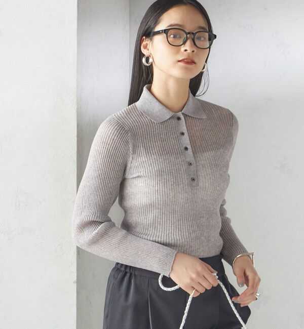 SHIPS for women「〈手洗い可能〉シアー リブ 長袖 ポロ ニット」|ニット・セーター|ライトグレー