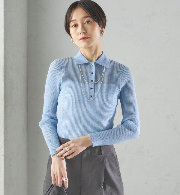 SHIPS for women「〈手洗い可能〉シアー リブ 長袖 ポロ ニット」|ニット・セーター|