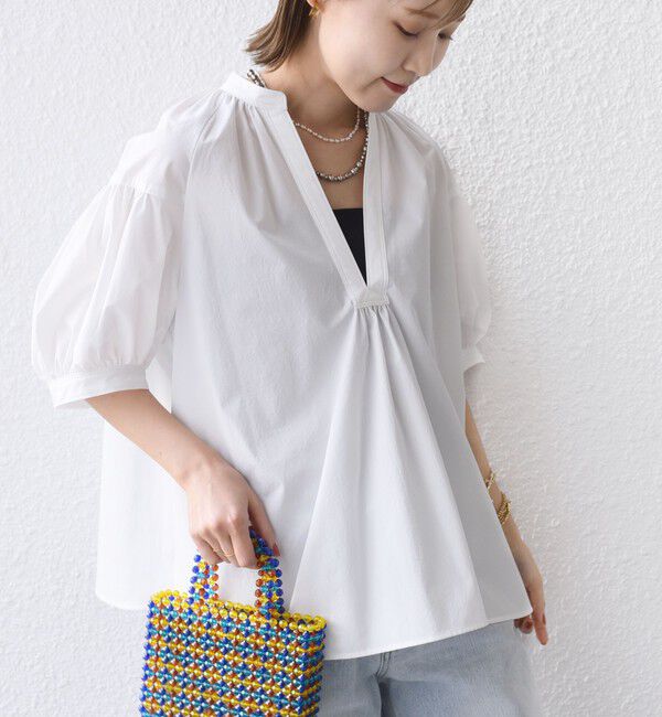 SHIPS for women「〈接触冷感 / 撥水加工〉TEX BRID(R)タフタ スキッパー 5分袖 ブラウス」|シャツ・ブラウス|