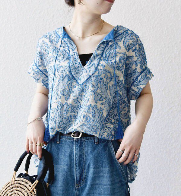 SHIPS any「《一部追加予約》SHIPS any:〈手洗い可能〉メッシュ ジャカード カフタン スキッパー ブラウス」|シャツ・ブラウス|