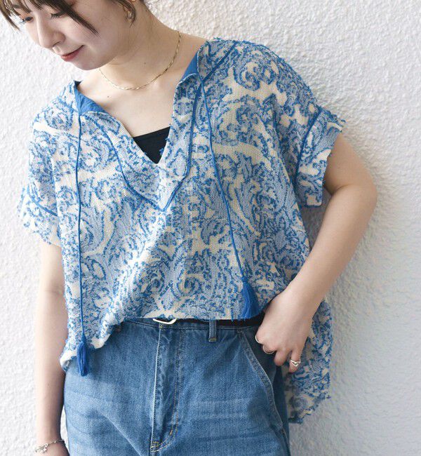 SHIPS any「《一部追加予約》SHIPS any:〈手洗い可能〉メッシュ ジャカード カフタン スキッパー ブラウス」|シャツ・ブラウス|