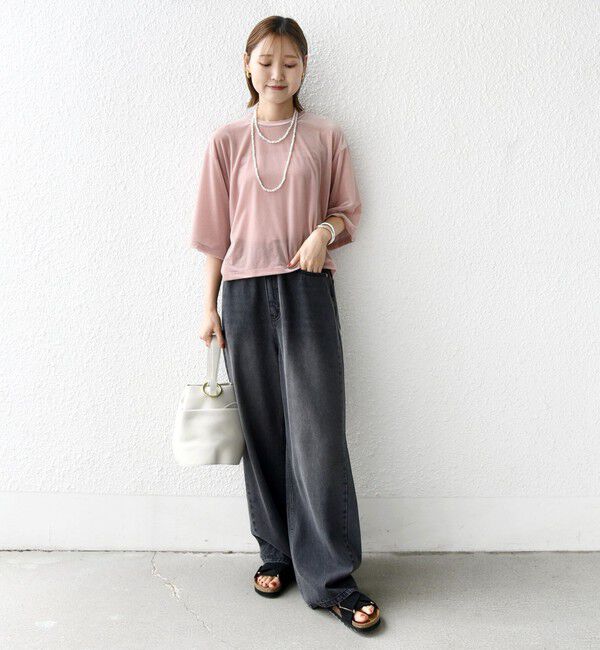 SHIPS for women「〈手洗い可能〉シアー トリコット ポリエステル ベロア 五分袖 ワイド TEE」|Tシャツ・カットソー|