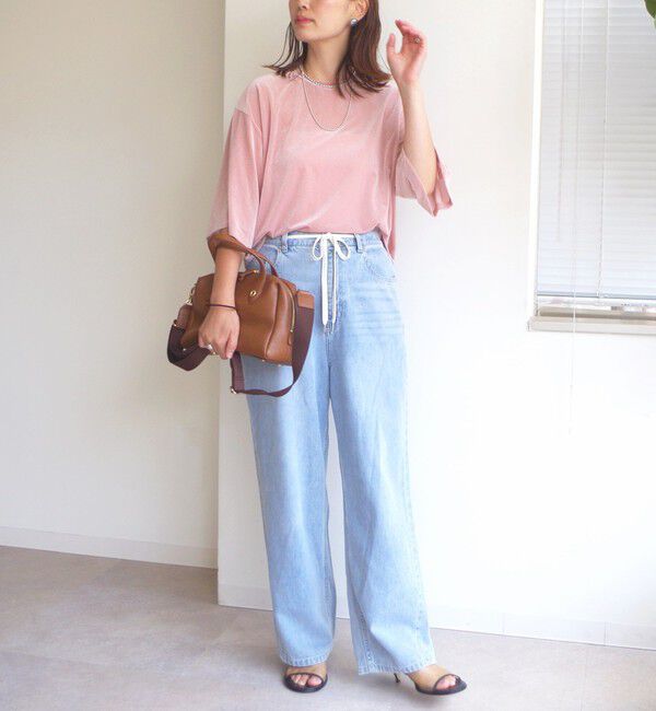 SHIPS for women「〈手洗い可能〉シアー トリコット ポリエステル ベロア 五分袖 ワイド TEE」|Tシャツ・カットソー|