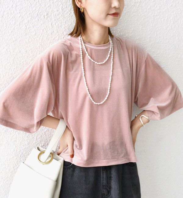 SHIPS for women「〈手洗い可能〉シアー トリコット ポリエステル ベロア 五分袖 ワイド TEE」|Tシャツ・カットソー|