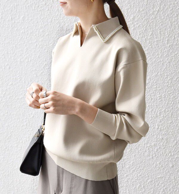 SHIPS any「SHIPS any:〈手洗い可能〉パール モチーフ 襟付き スキッパー ニット プルオーバー」|ニット・セーター|