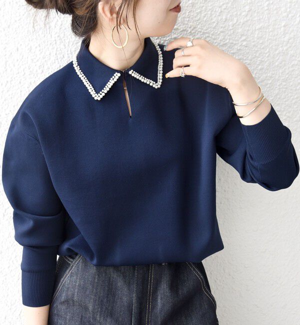 SHIPS any「SHIPS any:〈手洗い可能〉パール モチーフ 襟付き スキッパー ニット プルオーバー」|ニット・セーター|ネイビー