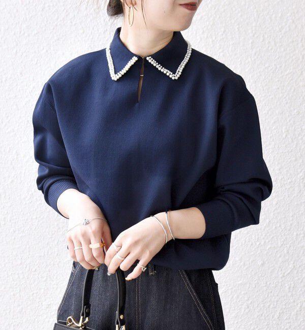 SHIPS any「SHIPS any:〈手洗い可能〉パール モチーフ 襟付き スキッパー ニット プルオーバー」|ニット・セーター|