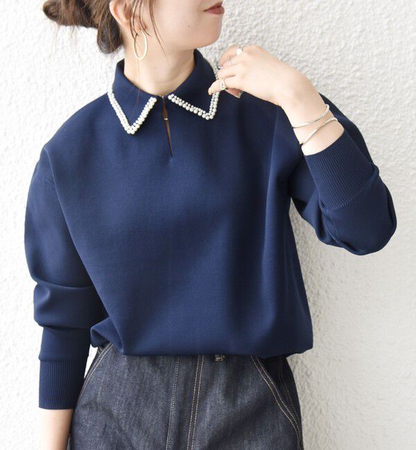 SHIPS any「SHIPS any:〈手洗い可能〉パール モチーフ 襟付き スキッパー ニット プルオーバー」|ニット・セーター|