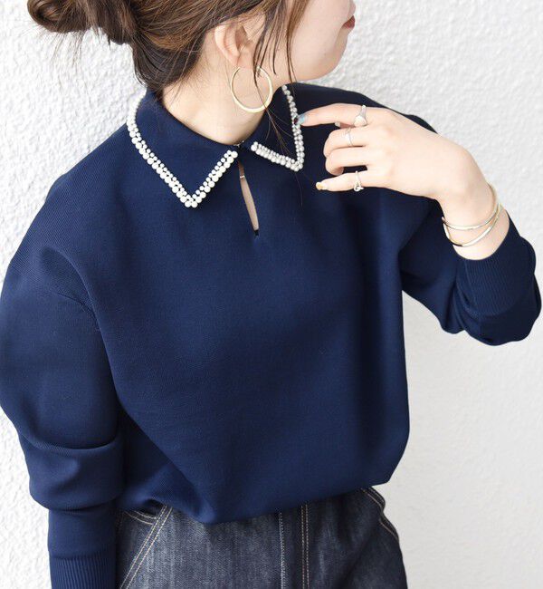 SHIPS any「SHIPS any:〈手洗い可能〉パール モチーフ 襟付き スキッパー ニット プルオーバー」|ニット・セーター|