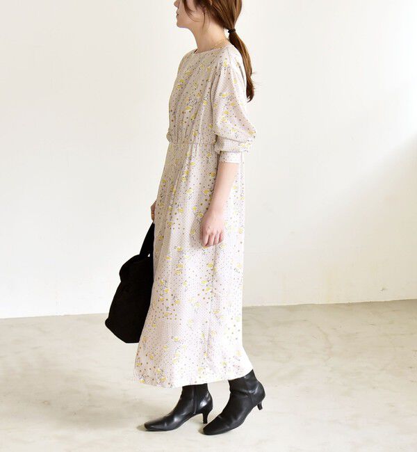 quaranciel「quaranciel: ドット フラワー プリント Iライン ギャザー ワンピース」|ワンピース|