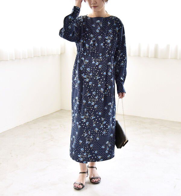 quaranciel「quaranciel: ドット フラワー プリント Iライン ギャザー ワンピース」|ワンピース|ネイビー