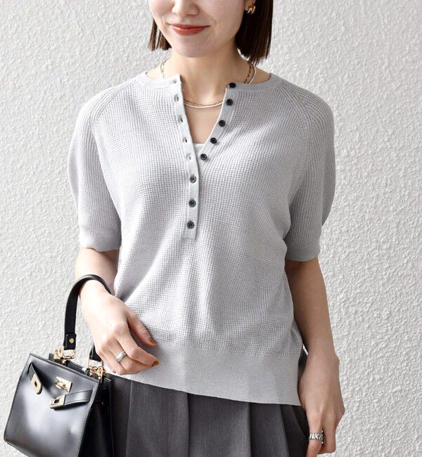 SHIPS any「《予約》SHIPS any:〈手洗い可能〉リネン レーヨン ヘンリーネック プルオーバー」|ニット・セーター|ライトグレー