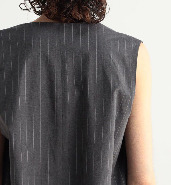 BACCA「リネンコットンストライプ ノーカラーベスト」|ノーカラージャケット|
