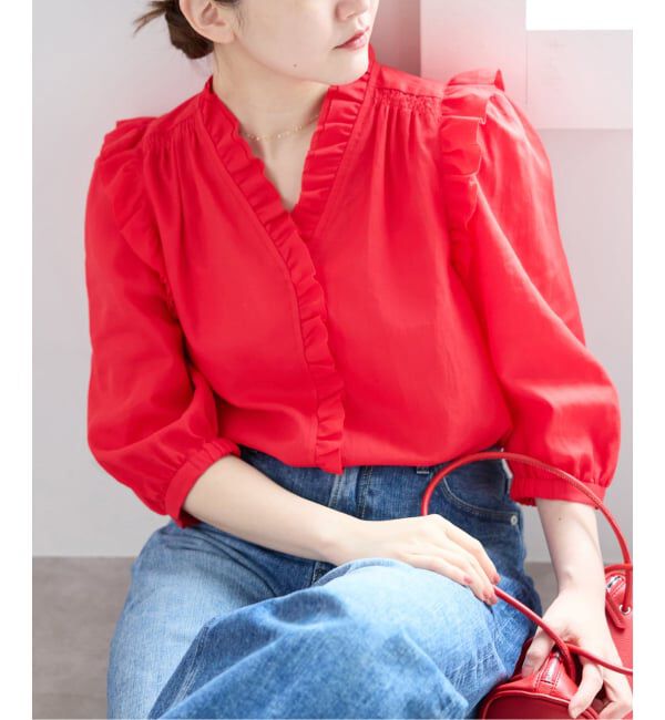 IENA「《予約/一部店舗限定》 コットンシュリンク7分袖ブラウス」|シャツ・ブラウス|レッド