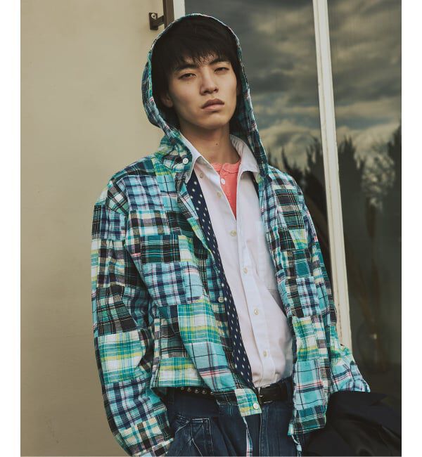 JOURNAL STANDARD「パッチ マドラス チェック フーディ シャツ」|シャツ・ブラウス|サックスブルー