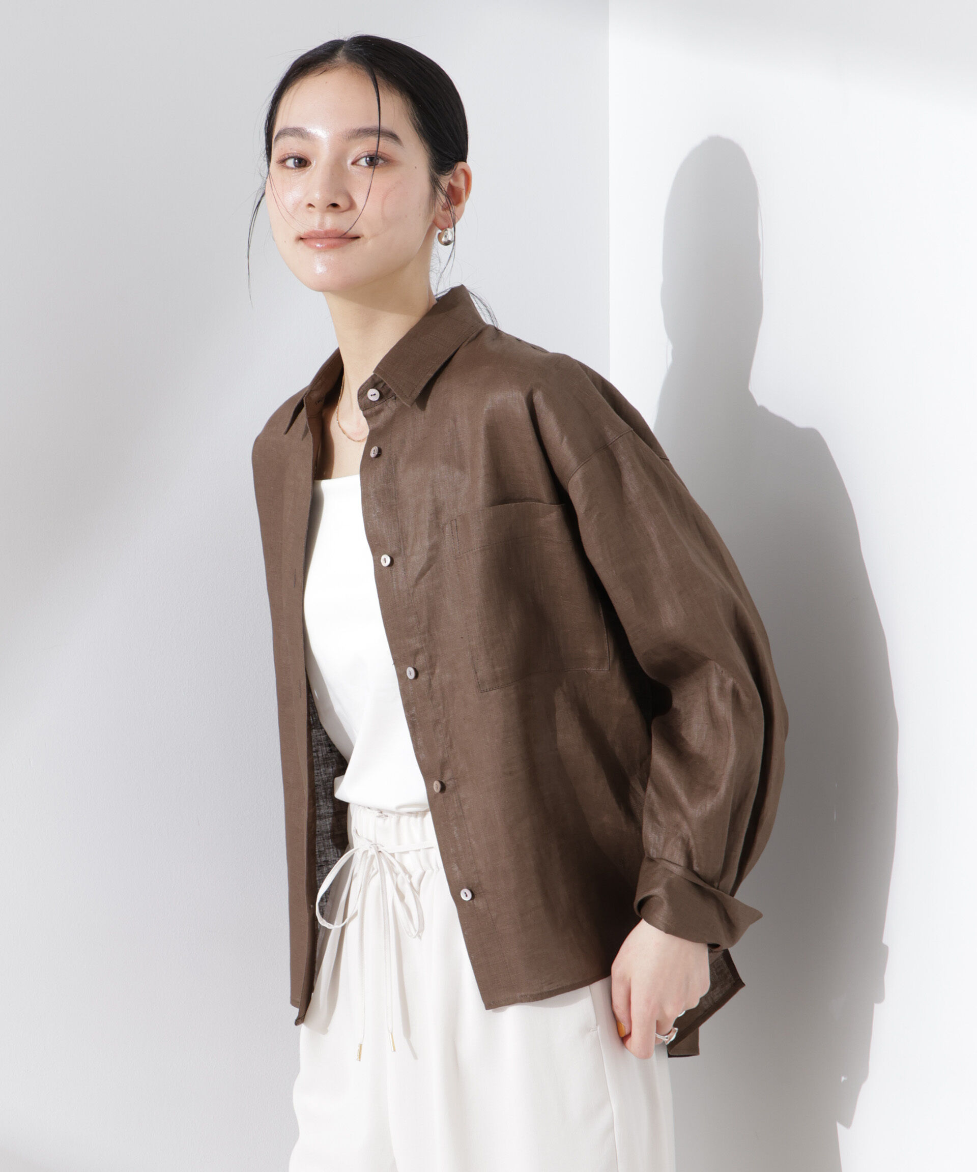 nano･universe「ヨーロピアンフラックス シアーシャツ（セットアップ可）」|シャツ・ブラウス|ブラウン