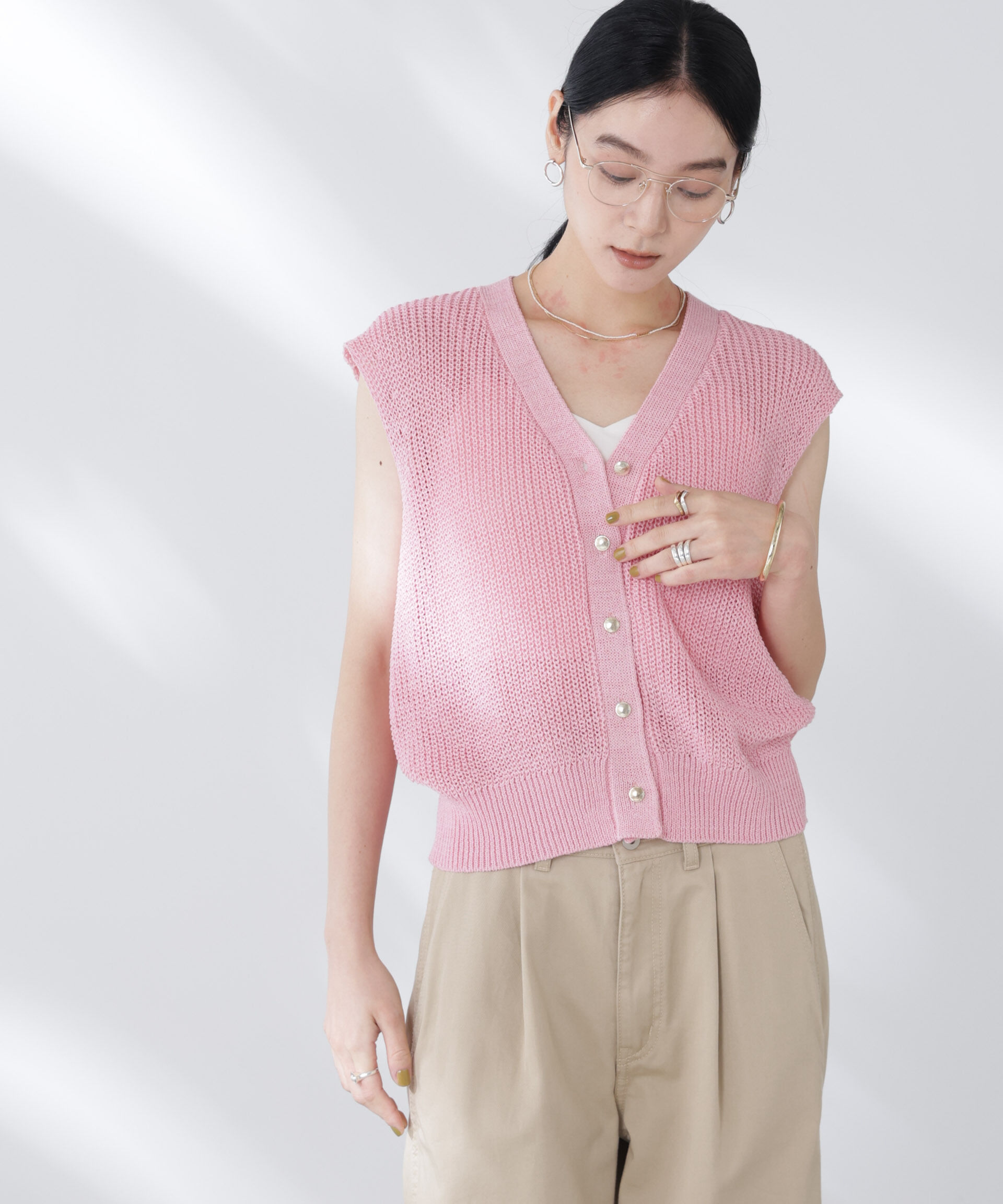 nano･universe「ペーパーヤーン畦ニットベスト」|ニット・セーター|ピンク