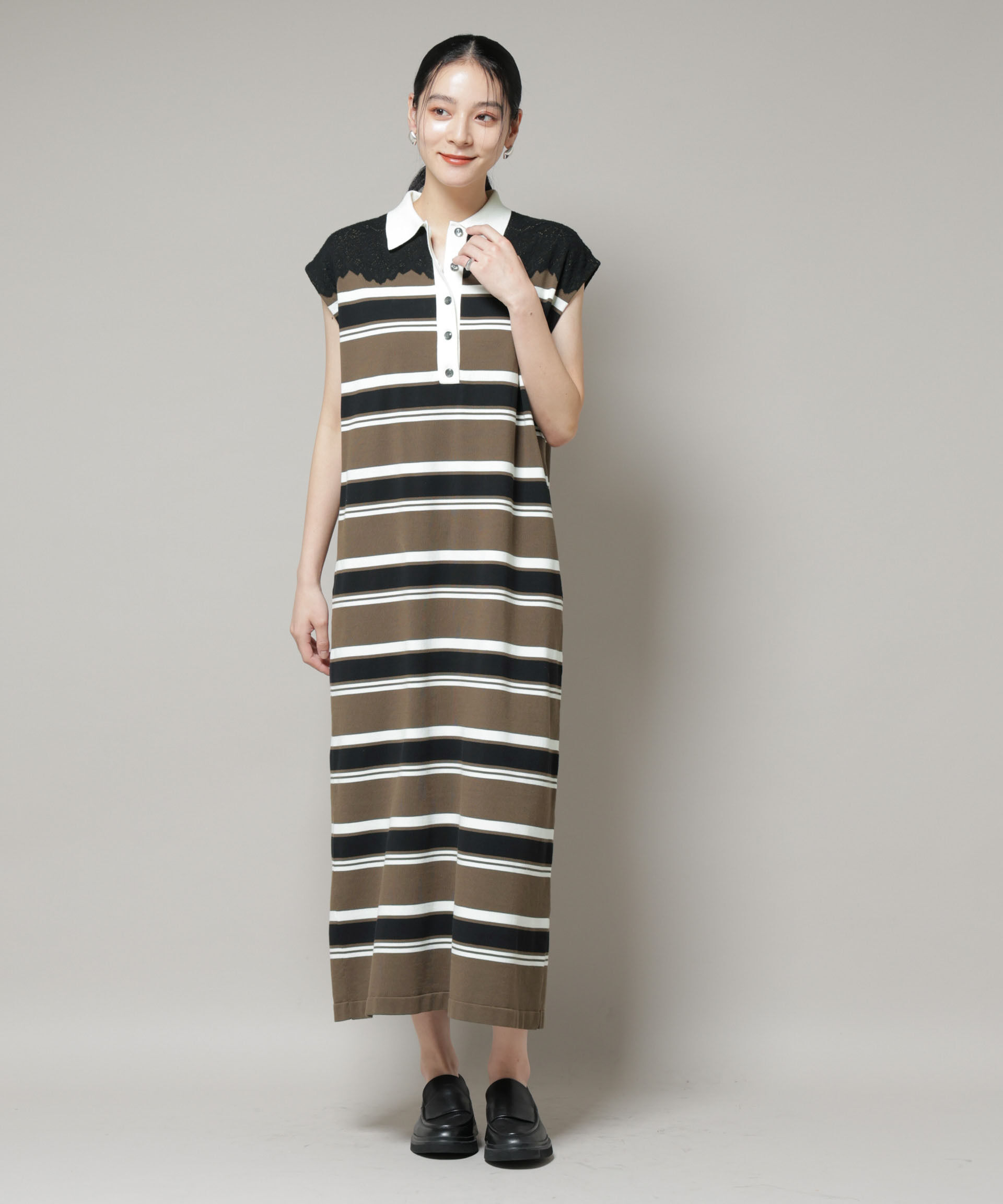 nano･universe「コットンボーダーレース編みポロニットワンピース」|ワンピース|ブラウン