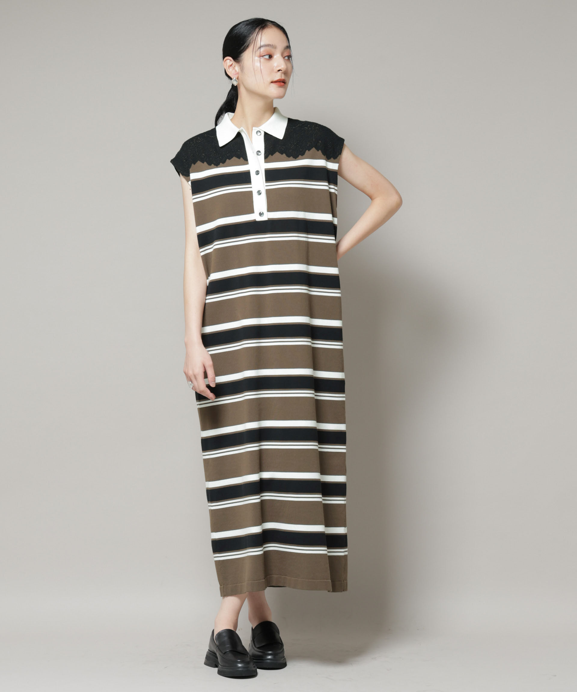 nano･universe「コットンボーダーレース編みポロニットワンピース」|ワンピース|