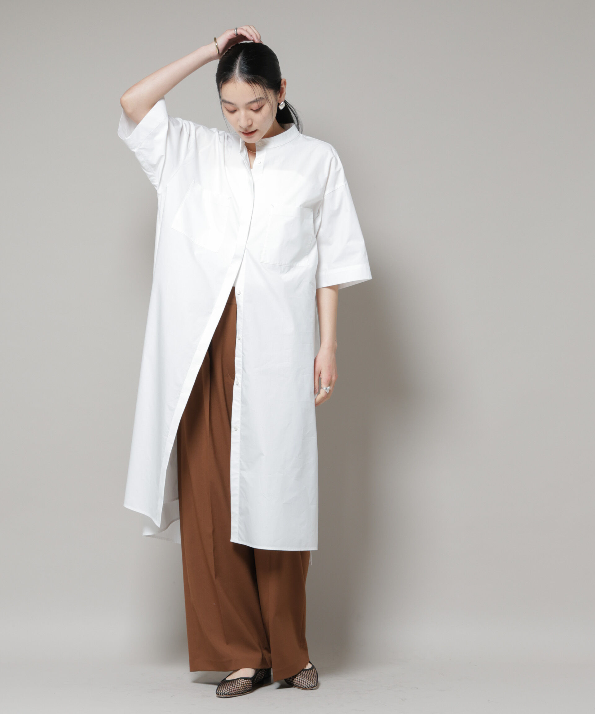 nano･universe「Ｗポケットハーフスリーブシャツワンピース」|ワンピース|ホワイト