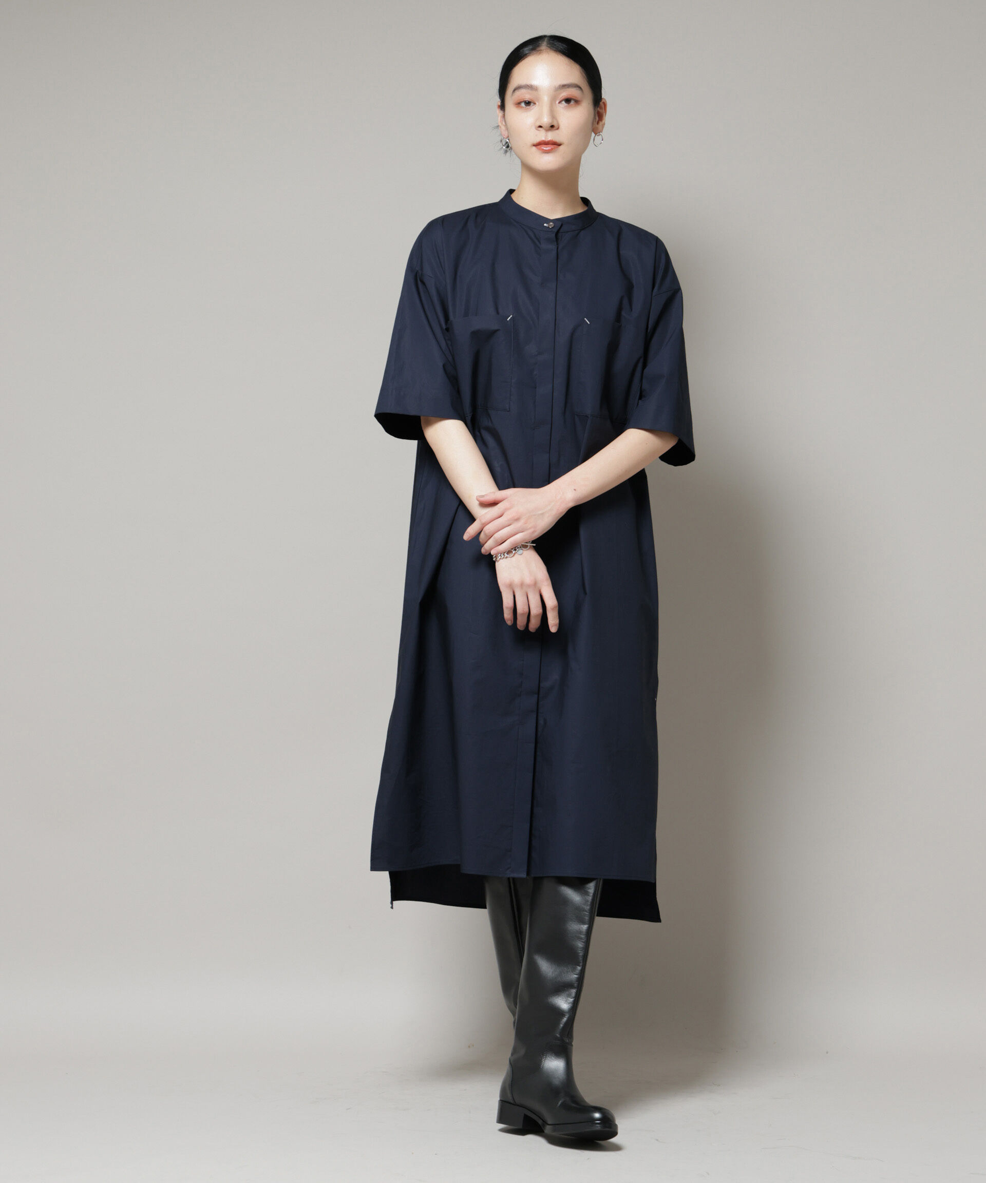 nano･universe「Ｗポケットハーフスリーブシャツワンピース」|ワンピース|ネイビー