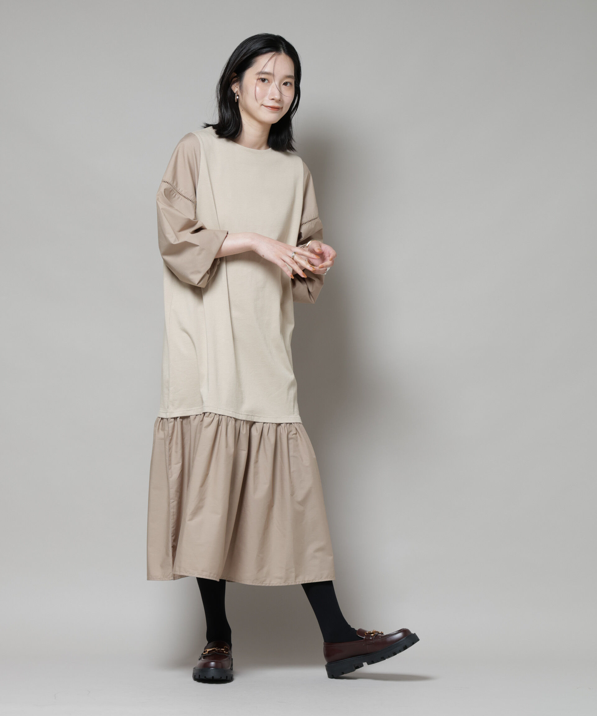 nano･universe「ハシゴレーススリーブ異素材コンビワンピース」|ワンピース|