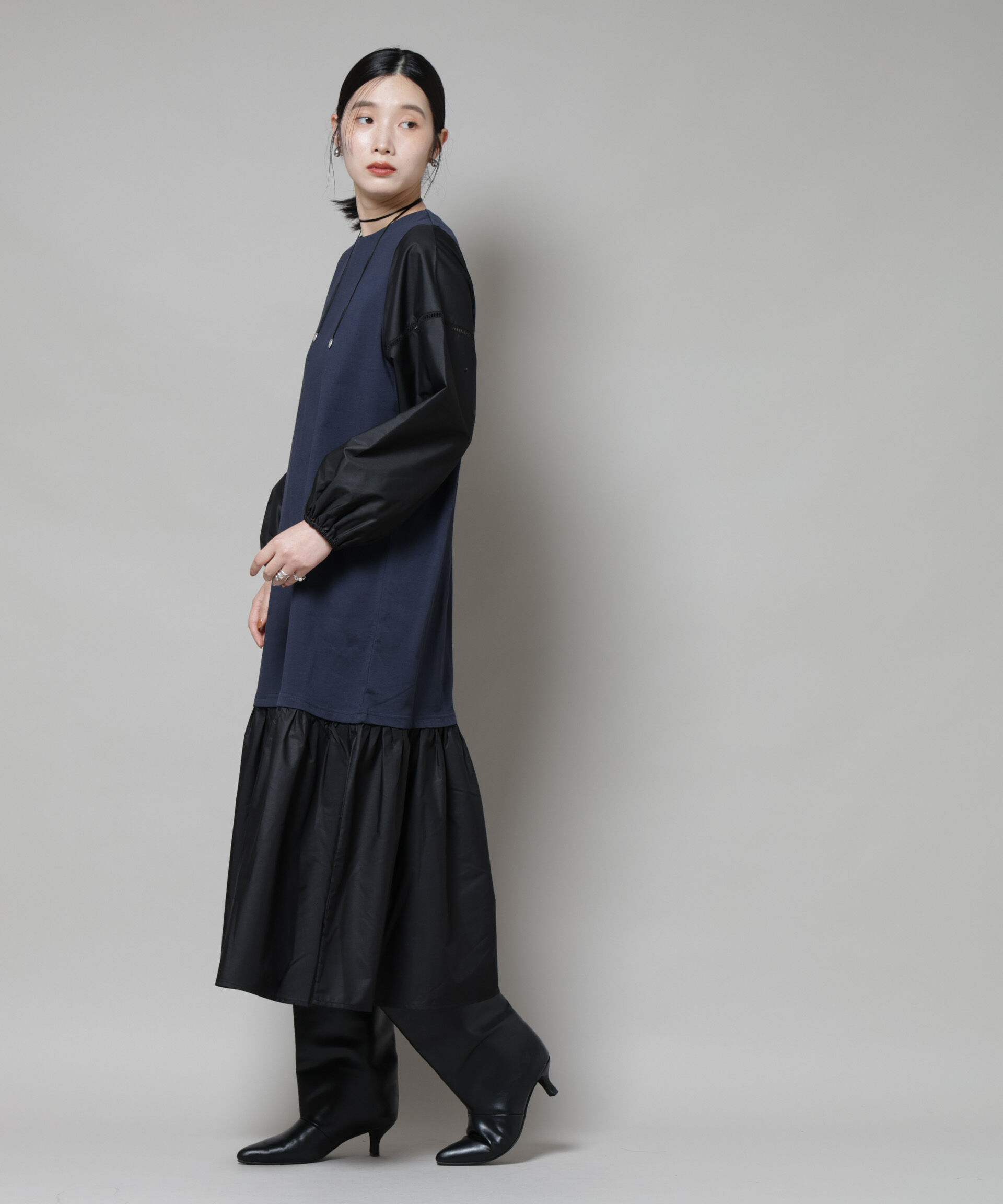 nano･universe「ハシゴレーススリーブ異素材コンビワンピース」|ワンピース|