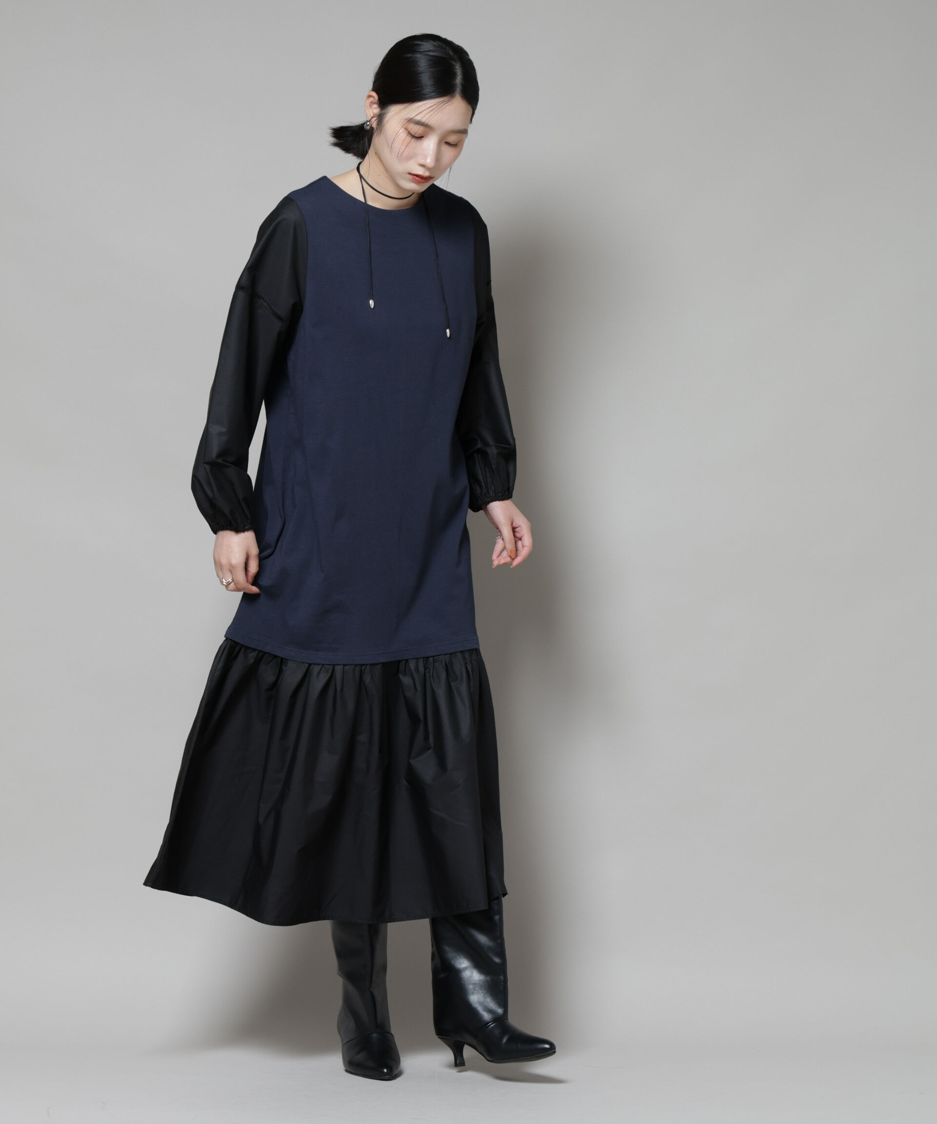 nano･universe「ハシゴレーススリーブ異素材コンビワンピース」|ワンピース|