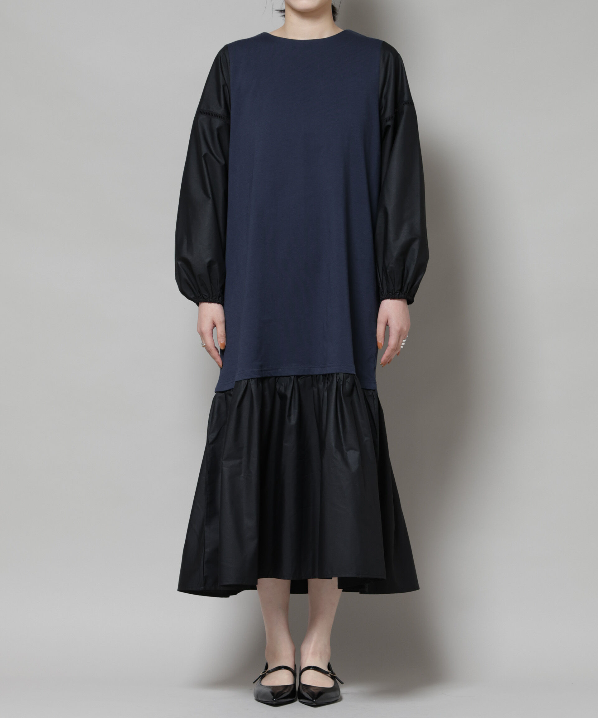 nano･universe「ハシゴレーススリーブ異素材コンビワンピース」|ワンピース|