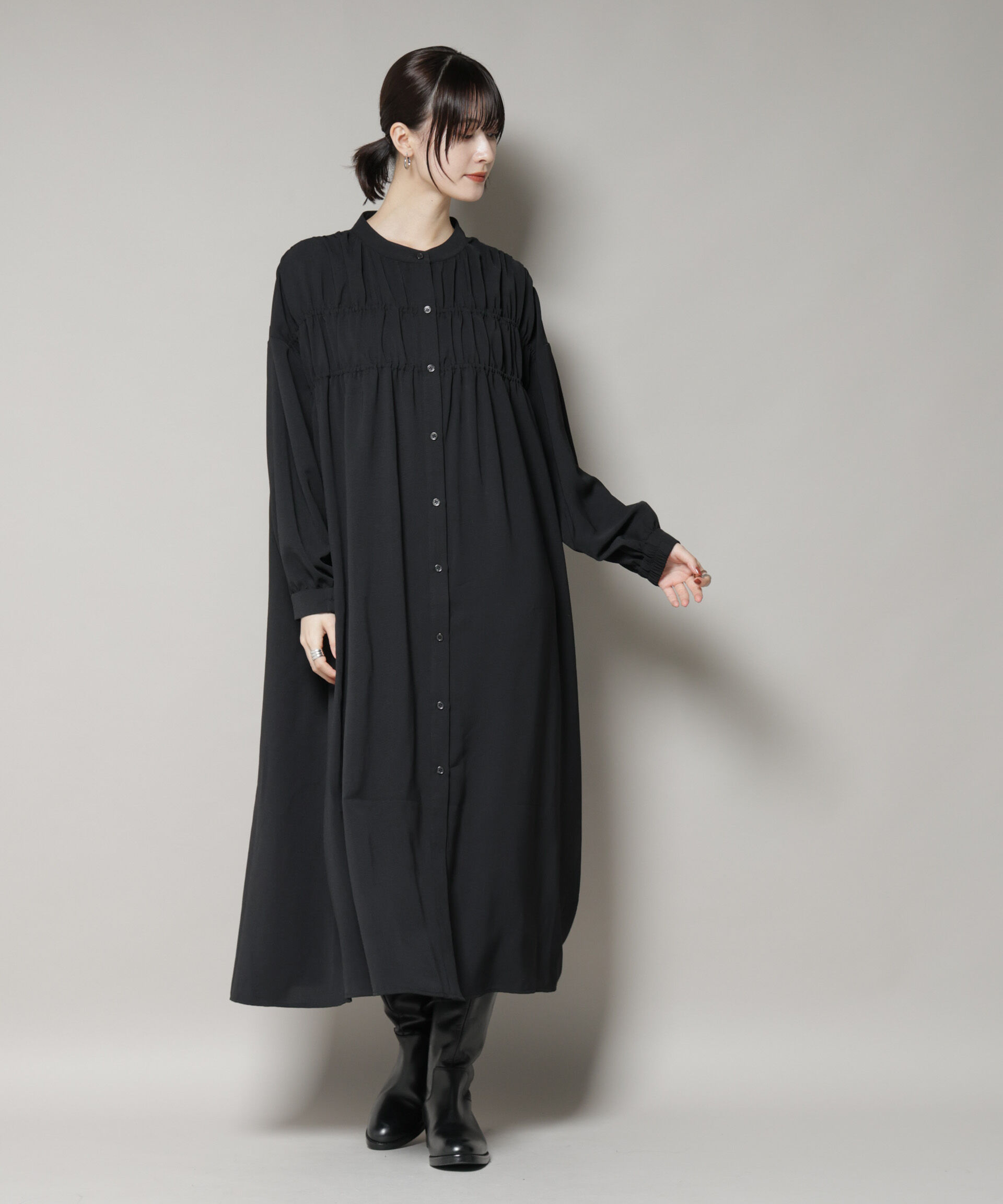 nano･universe「ギャザー切り替えデザインワンピース」|ワンピース|ブラック