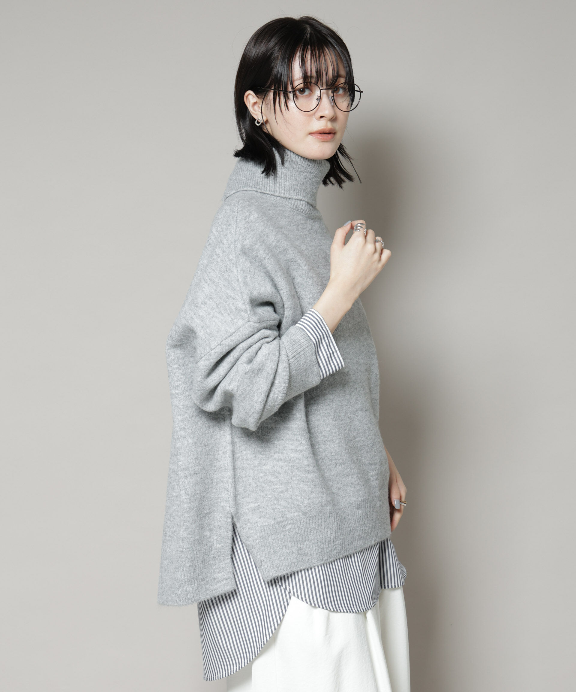 nano･universe「タートルワイドシルエット圧縮ニット」|ニット・セーター|グレー