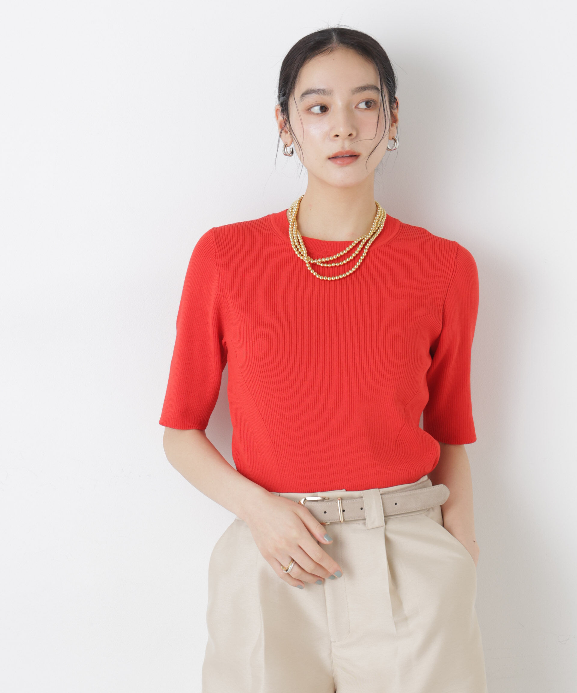 nano･universe「ウォッシャブルハイツイスト五分袖リブニット」|ニット・セーター|レッド