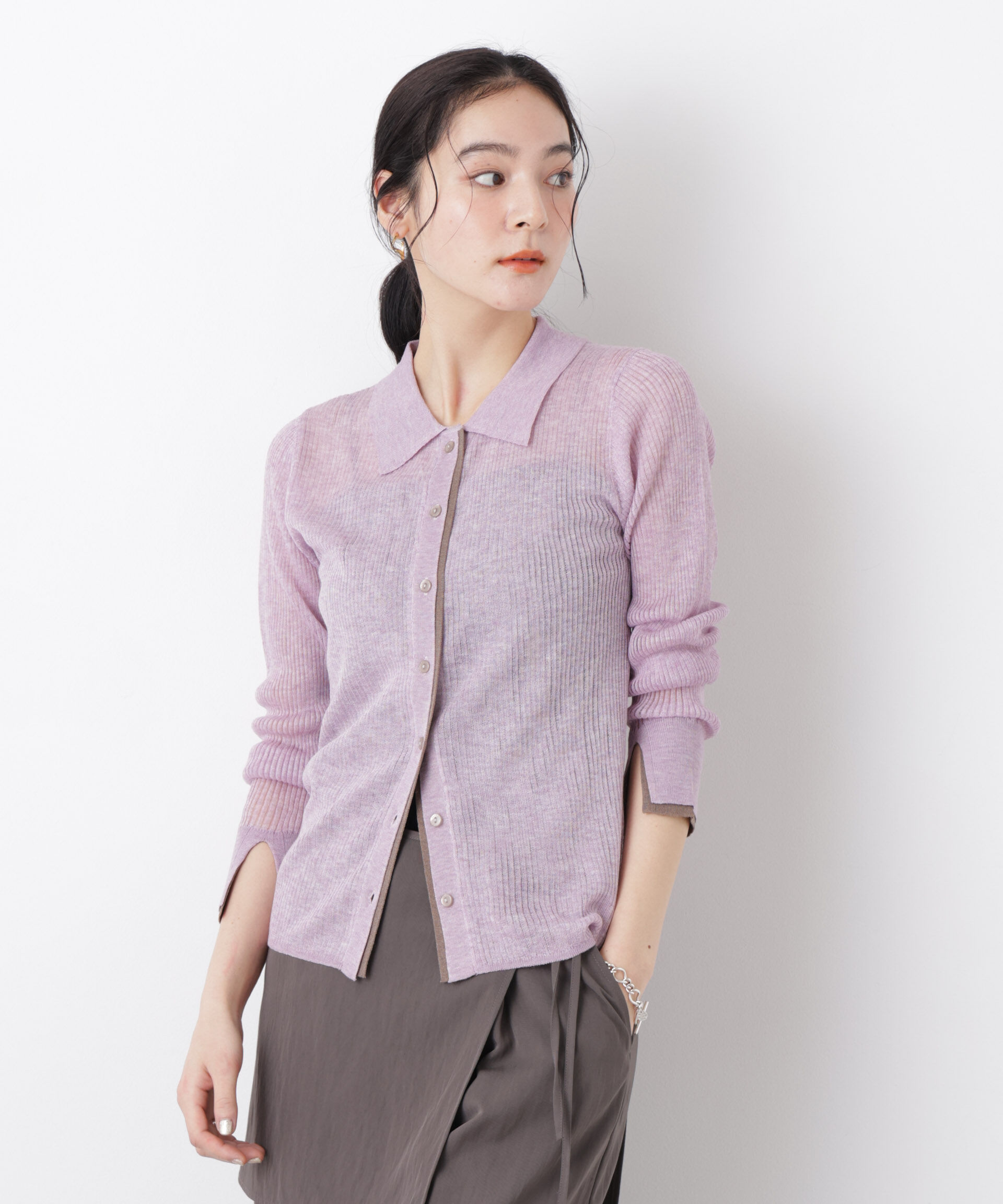 nano･universe「バイカラーシアーリブ衿付きカーディガン」|ニット・セーター|ラベンダー3