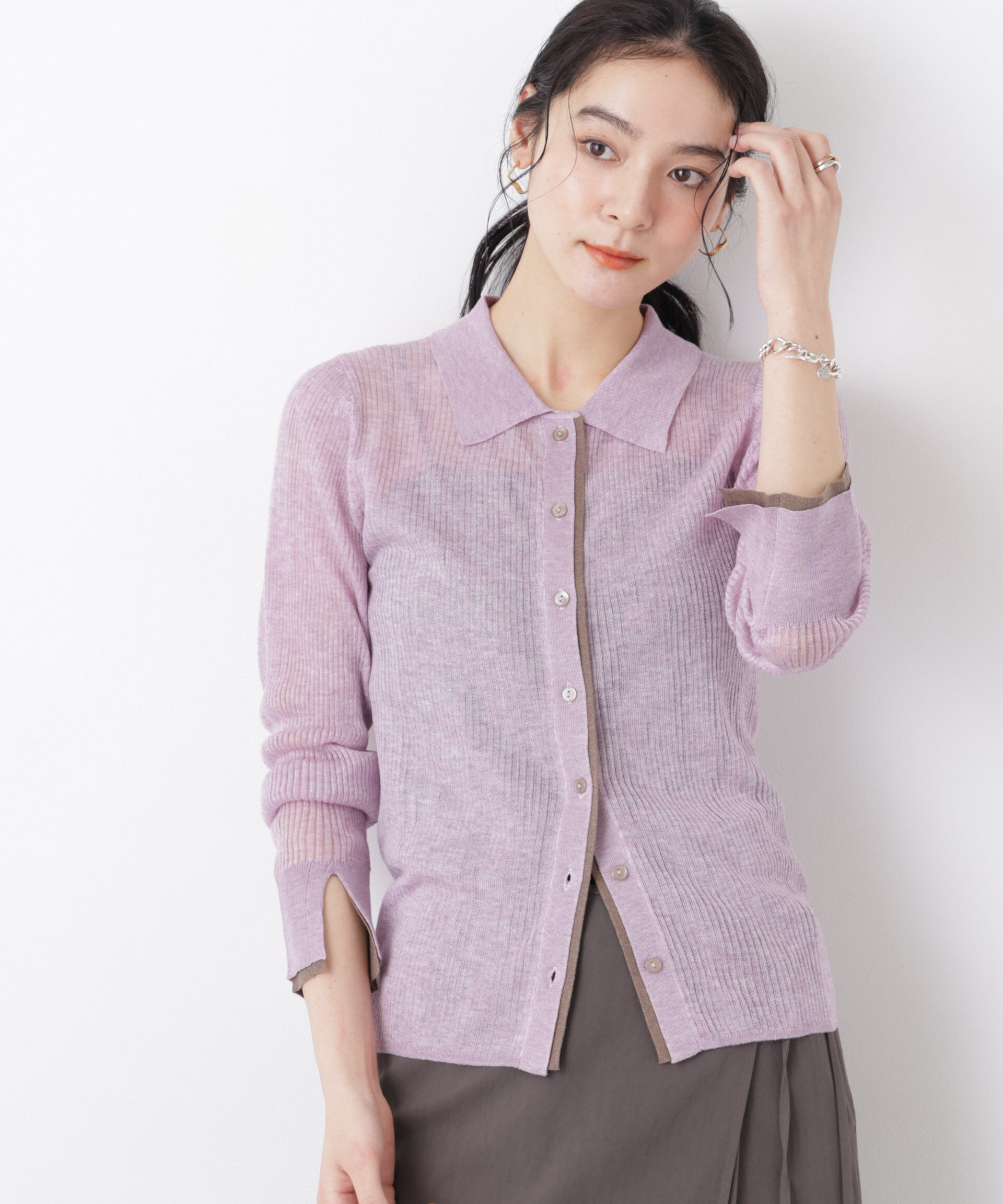 nano･universe「バイカラーシアーリブ衿付きカーディガン」|ニット・セーター|