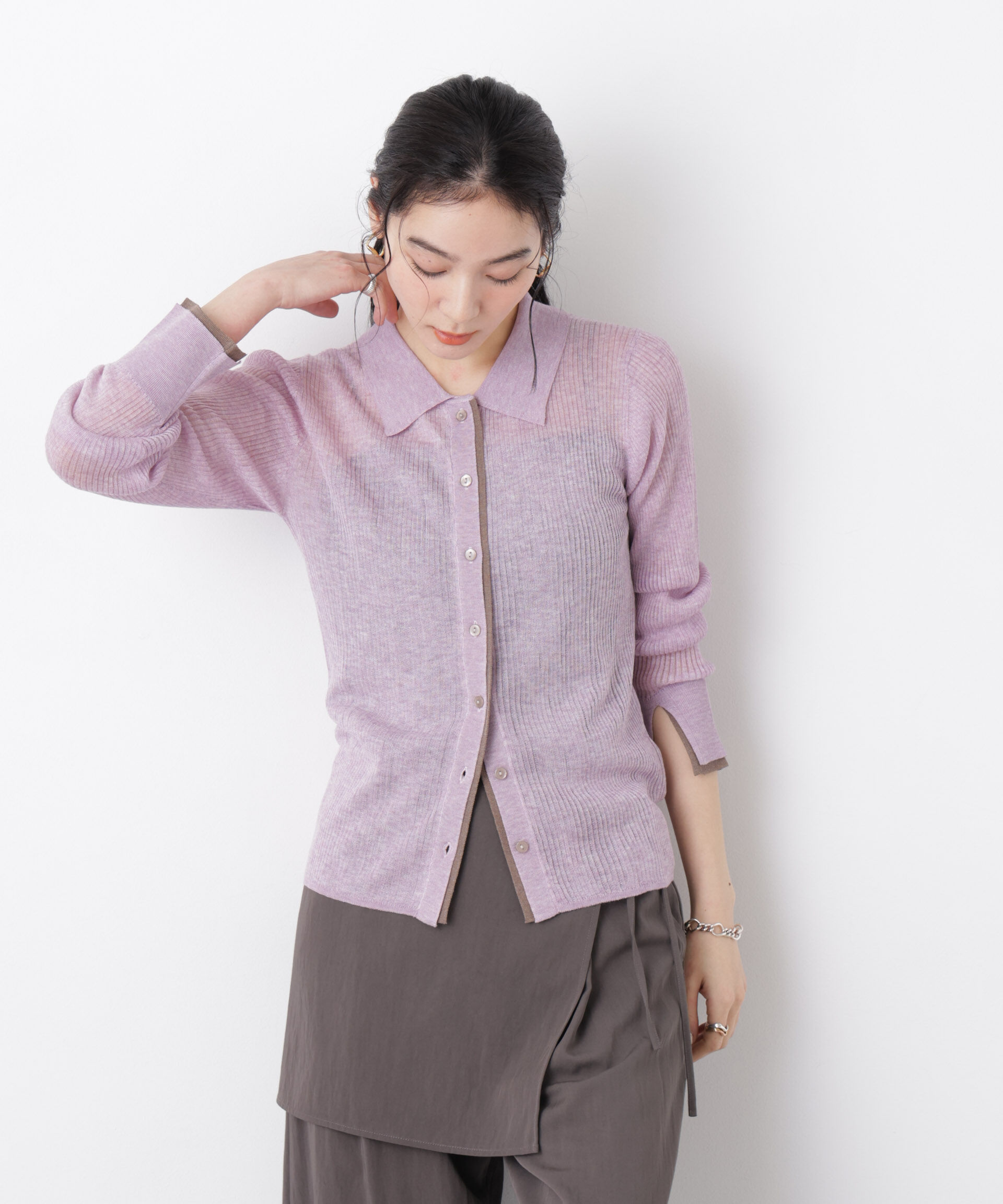 nano･universe「バイカラーシアーリブ衿付きカーディガン」|ニット・セーター|