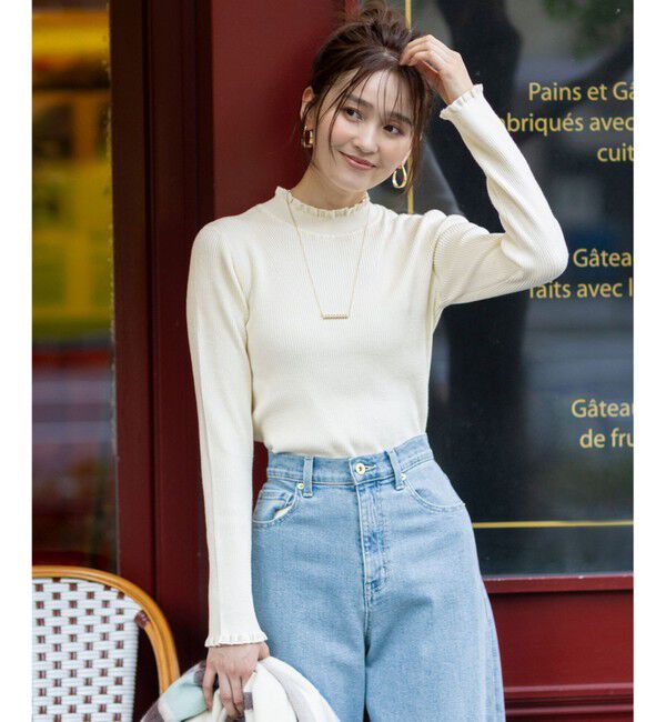 ANY SIS「CICA加工 フリルネック プルオーバー」|ニット・セーター|アイボリー